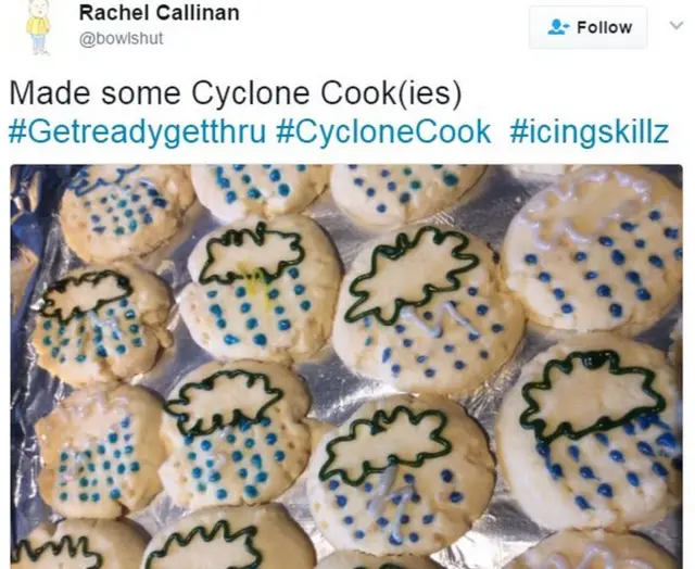 @bowlshut tweeted: "Made some Cyclone Cook(ies)" with a picture of cookies decorated with storm symbols