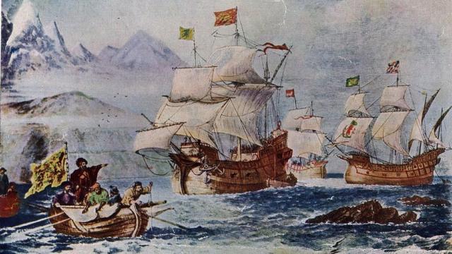 Ilustración de la expedición pasando lo que se conoce hoy como estrecho de Magallanes.