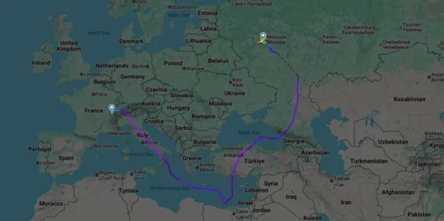 Імовірний маршрут польоту літака російської делегації (борт RA-96018) - дані Flightradar24