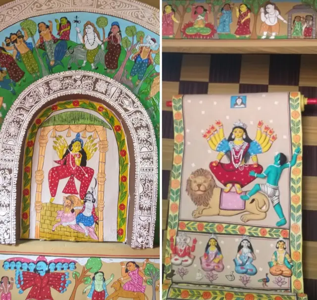 রেবা পালের শিল্পকর্ম থেকে অনুপ্রাণিত হয়ে তৈরি নিউটাউনের দুর্গাপুজোর মণ্ডপসজ্জা (বাঁদিকে) এবং প্রতিমা (ডানদিকে)।
