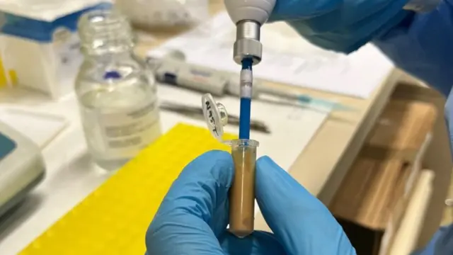 A gloved hands holding a test tube