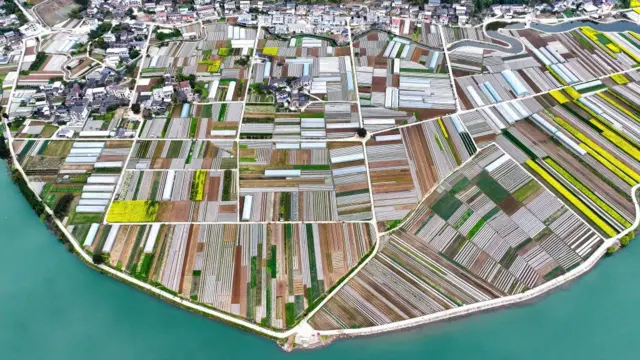 Foto aérea de um conjunto de faixas agrícolas rodeadas pela água, em uma área de cultivo na província de Sichuan, no sudoeste da China, em março de 2025