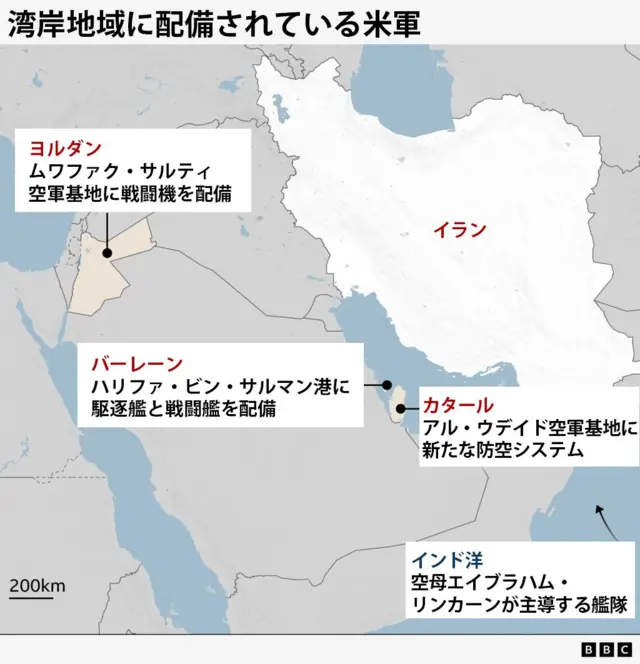 湾岸地域に配備されている米軍部隊を示した地図。ヨルダンにはムワファク・サルティ空軍基地に戦闘機が配備されている。バーレーンにはハリファ・ビン・サルマン港に駆逐艦と戦闘艦が配備されている。カタールにはアル・ウデイド空軍基地に新たな防空システムが導入された。また、インド洋には空母エイブラハム・リンカーンが主導する艦隊がいる