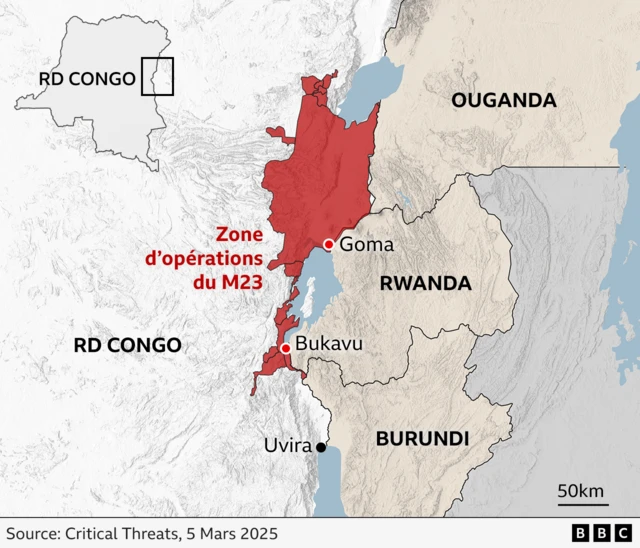 Carte montrant la zone d'opérations du M23 dans l'est de la République démocratique du Congo