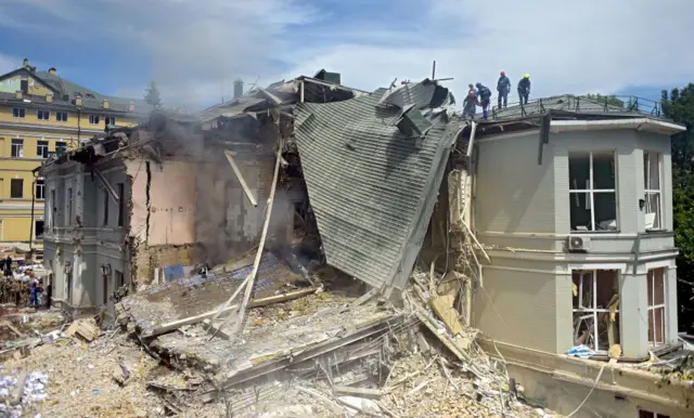 A building damaged at the Ohmatdyt National Specialized Children's Hospital allegedly hit by Russia's Kh-101 strategic cruise missile, Kyiv. 