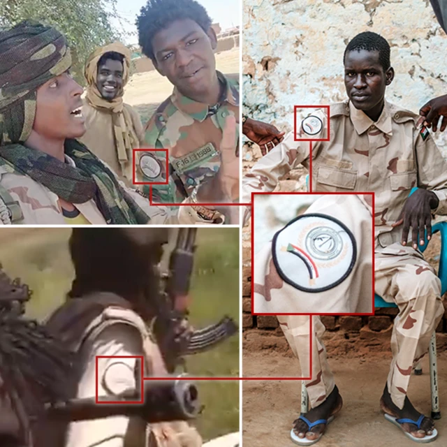 Un graphique correspondant à un écusson de RSF et à des insignes vus dans diverses vidéos vérifiées par BBC Verify. 