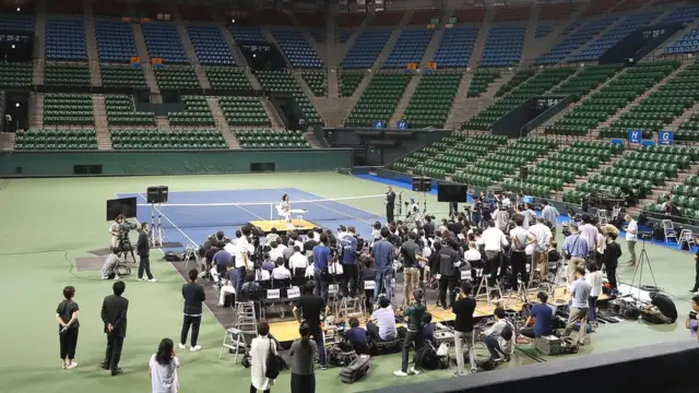 Kimiko Date speaks during a press conference on her second retirement at Ariake Coliseum on September 7, 2017 in Tokyo, Japan