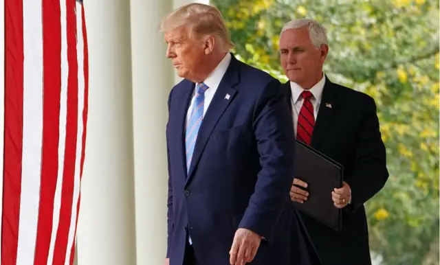 Mr Trump and Mr Pence hold a virus briefing at the White House Rose Garden