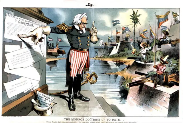 Cartum satírico mostra americano explicando doutrina a países latinos 