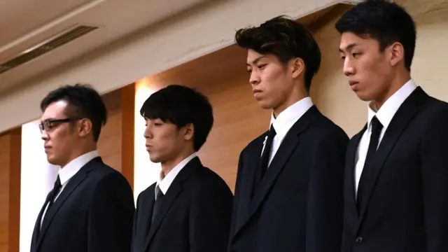 Japanese basketball players Yuya Nagayoshi, Takuya Hashimoto, Takuma Sato, and Keita Imamura attend a press conference in Tokyo on August 20, 2018