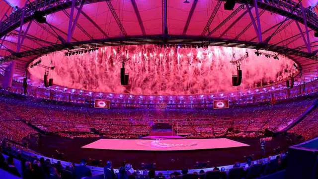 Fireworks are ignited during the Opening Ceremony of the Rio 2016 Paralympic Games