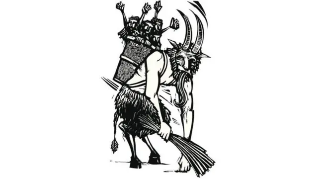 Uma das ilustrações sobre Krampus mostra a figura metade cabra e o cesto onde ele carregaria as crianças