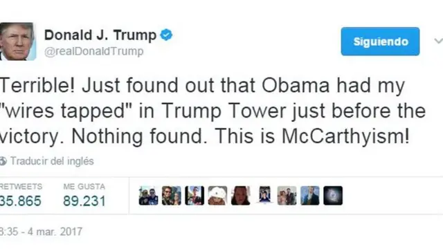 Tuit de Donald Trump que dice: "¡Terrible! Acabo de enterarme de que Obama tenía mis 'comunicaciones intervenidas' en la Torre Trump justo antes de la victoria. No se encontró nada. ¡Esto es McCarthyismo!"