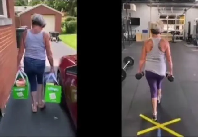 Video de una señora mayor mostrando cómo el entrenamiento de fuerza contribuye a las actividades diarias