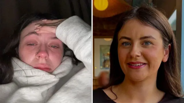 Foto dividida de Katie Cook, de 21 años, con cabello largo y oscuro y ojos azules. A la izquierda, Katie lleva una sudadera gris con capucha y tiene el rostro manchado de lágrimas. A la derecha, Katie está maquillada y sonríe a la cámara.