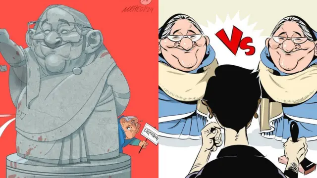 ক্ষমতাচ্যুত আওয়ামী লীগ থাকাকালীন এবং জুলাই আন্দোলন চলার সময় মেহেদী হকের আঁকা কার্টুন