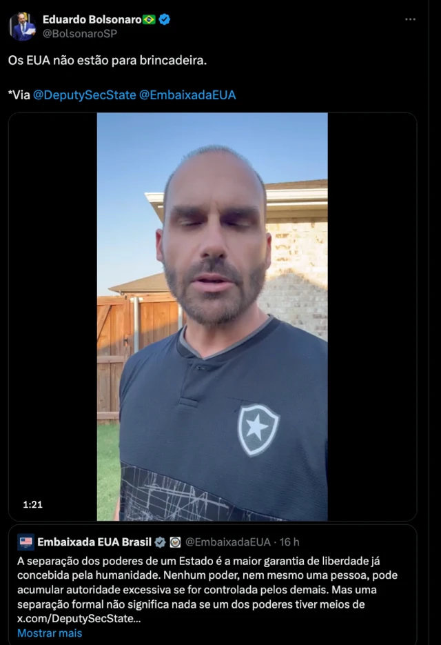 Uma postagem de Eduardo Bolsonaro na rede social X