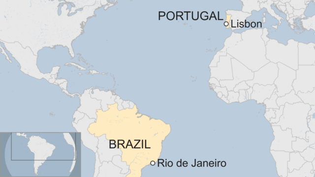 A map showing where Rio de Janeiro and Lisbon are