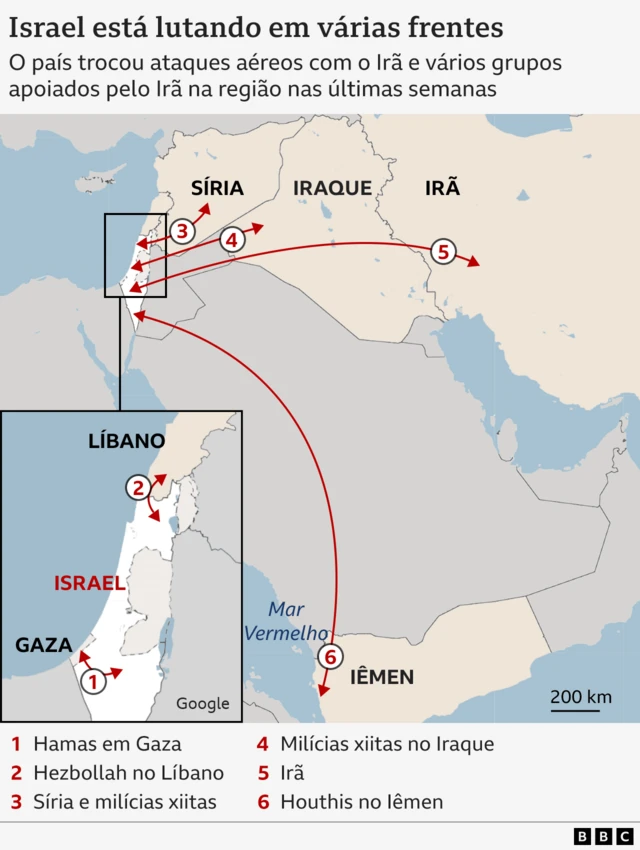 Mapa mostrando várias frenteswild spin casinoconfrontos envolvendo Israel no Oriente Médio.