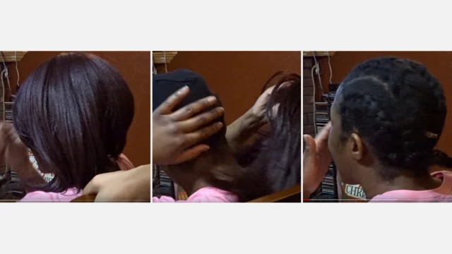 Женщина снимает гладкий парик и под ним открываются афрокосички