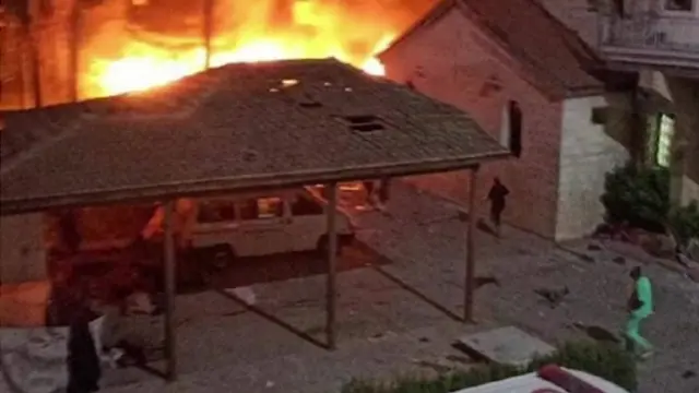 Photograph posted on social media purportedly showing aftermath of explosion at Al-Ahli Arab hospital in Gaza City, in the northern Gaza Strip (17 October 2023)