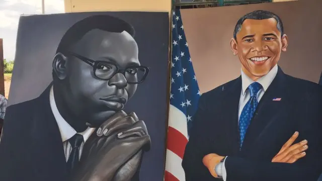 Kushoto ni mchoro wa babake obama na kulia ni Barrack Obama