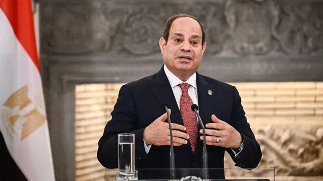 Sisi kürsüde konuşuyor. Sol arkasında kırmızı, beyah ve siyah renkli Mısır bayrağı var. Arka planda siyah ve altın renkli kabartmalı duvarlar var. Üzerinde lacivert bir takım elbise var ve kırmızı puantiyeli kravat takıyor. Konuşurken elleri hareket ediyor.