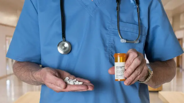 Doctor con un frasco de oxicodona