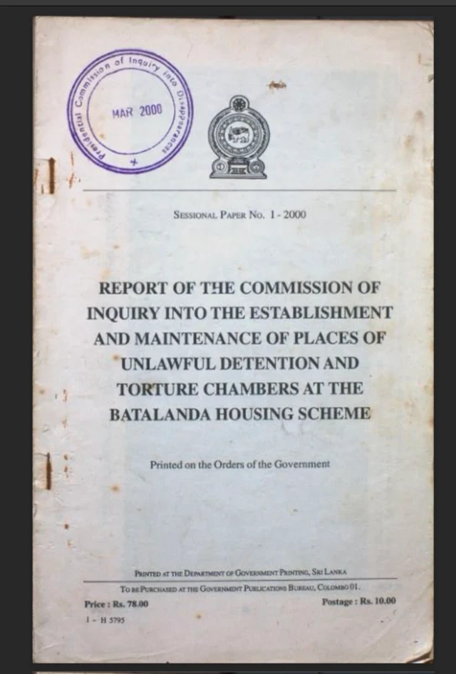 Cover page of the Commission report of Batalanda