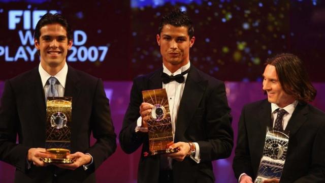 Kaká, Lionel Messi y Cristiano Ronaldo.