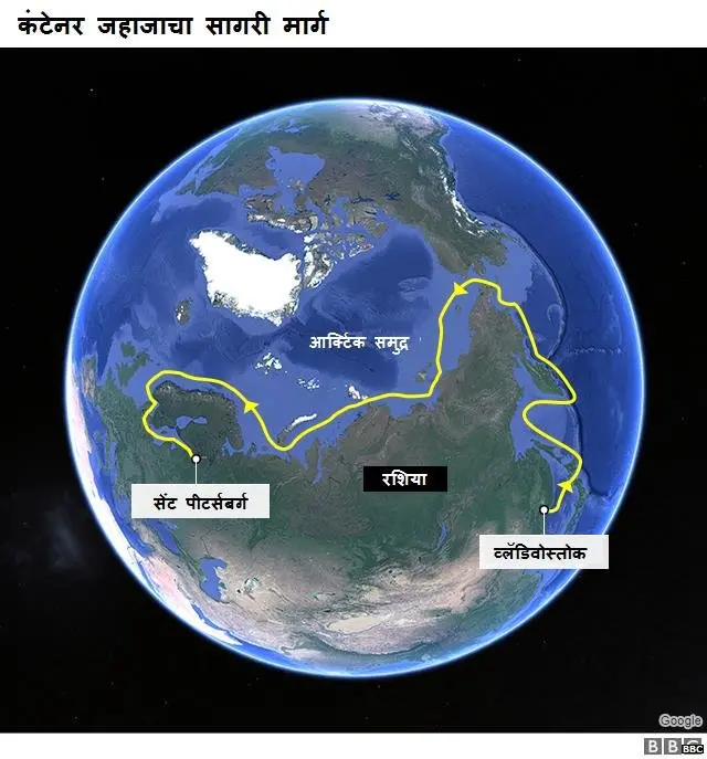 कंटेनर जहाजाच्या मार्गाचा नकाशा