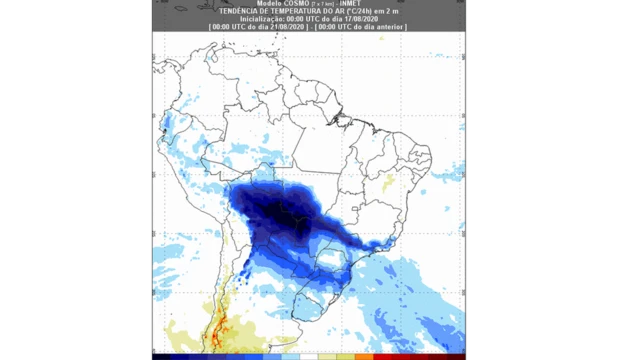 Mapa do Brasil com massasfreebet tem rolloverar destacadas por diferentes cores (de azul a vermelho) pelo país,freebet tem rolloveracordo com temperatura prevista para os próximos dias