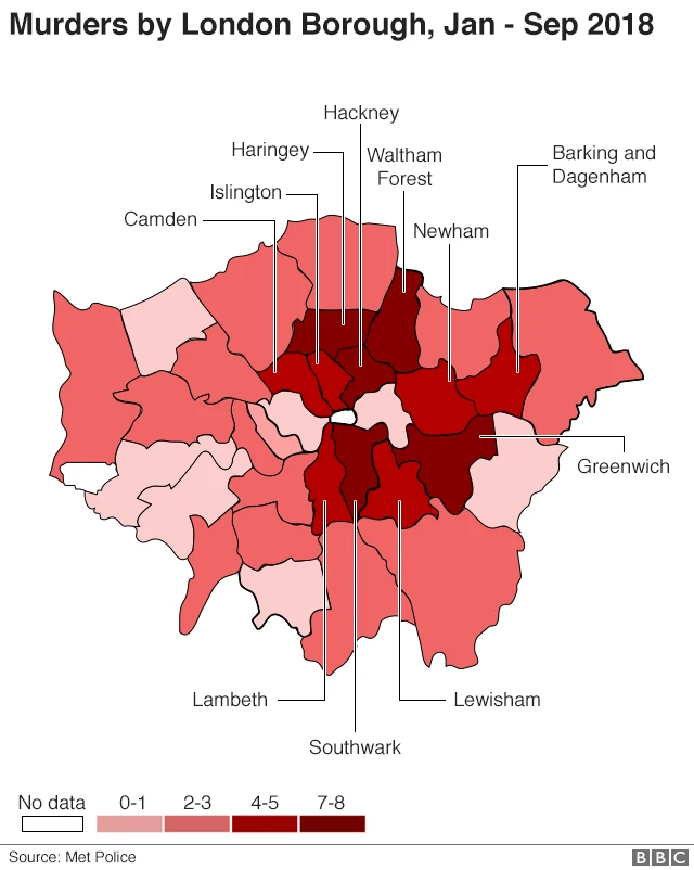 Murders by London borough, Jan to Sep 2018
