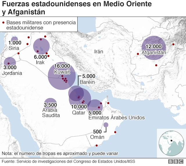 Mapa de las fuerzas estadounidenses en Medio Oriente.