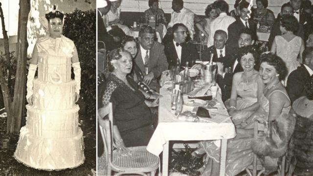 Une photo d'une femme en costume de mariée et une nuit de fête.