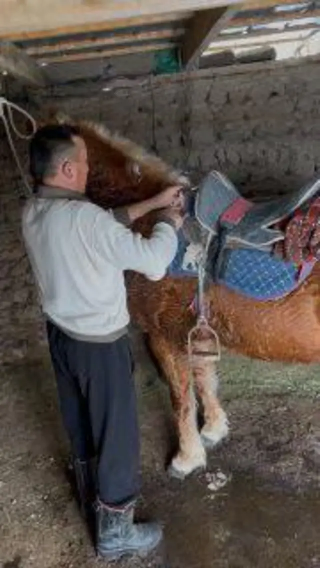 Кылымбек Козубаев мектептен келип атын карап жатат