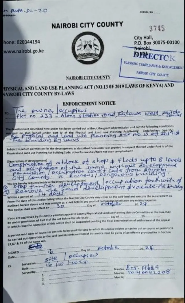 Nairobi county evacuation notice on collapsed building 