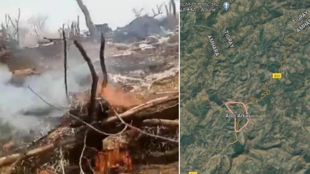 መጥቃዕቲ ዝተፈጸሞ ከባቢ ካብ ዘርእይ ቪድዮ ዝተወሰደ ምስሊ (ጸጋም) - ካርታ ዓዲ-ዓርቃይ (የማን)
