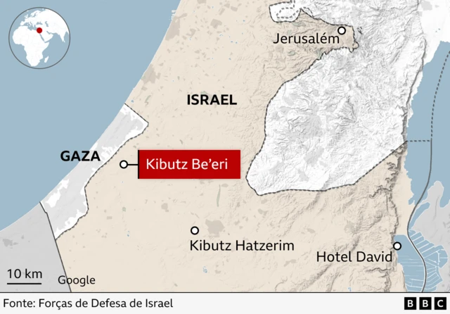 Mapa mostrando o Kibutz Be'eri eo número da lotofácillocalizaçãoo número da lotofácilrelação ao Kibutz Hatzerim e ao Hotel David  — todos no sulo número da lotofácilIsrael.