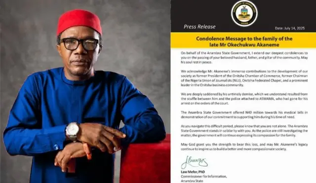 Kọmishọna na-ahụ maka mgbasaozi n'Anambra steeti bụ Law Mefor na akwụkwọ ozi gọọmenti wepụtara banyere ego ha nyere ezinaụlọ Maazị Akaneme