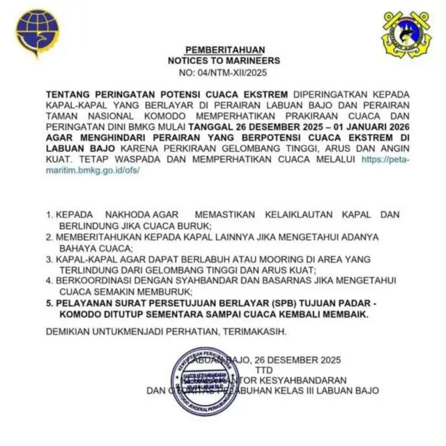 Pemberitahuan Notice to Mariners dari KSOP Labuan Bajo