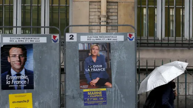 Cartazes da campanhabrazino777 e confiávelMacron e Le Pen