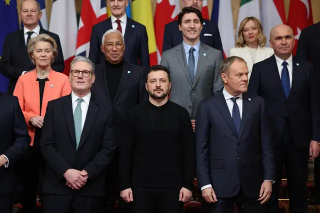 L-R, front row) British Prime Minister Keir Starmer, Ukrainian President Volodymyr Zelensky, Polish Prime Minister Donald Tusk, (L-R, second row) President of the European Commission Ursula Von der Leyen, President of the European Council Antonio Costa, Canadian Prime Minister Justin Trudeau, Romania's interim President Ilie Bolojan, (L-R, third row) German Chancellor Olaf Scholz, Norwegian Prime Minister Jonas Gahr Store, Prime Minister of the Czech Republic Petr Fiala, Italy's Prime Minister Giorgia Meloni, pose for a family photo ahead of the plenary meeting during a summit on Ukraine, at Lancaster House in London, Britain, 02 March 2025. The British prime minister is hosting a summit of European leaders in London to discuss the ongoing war in Ukraine.
Britain's Prime Minister Starmer hosts European leaders in London, United Kingdom - 02 Mar 2025