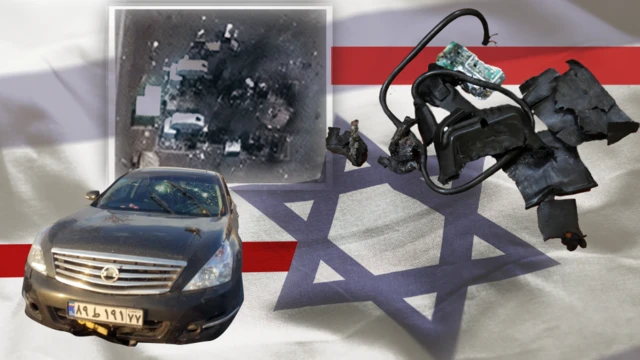 Collage de un coche acribillado a balazos, edificios bombardeados y un buscapersonas deshecho sobre una bandera israelí.