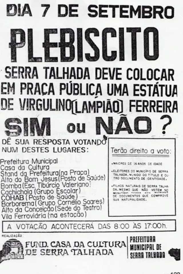 Panfleto sobre plebiscito em torno da estatua de Lampião