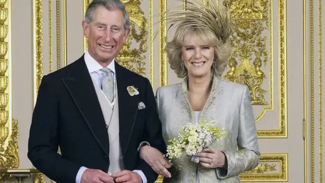 Prince of Wales and his new bride Camilla, Duchess of Cornwall in the White Drawing Room at Windsor Castle after their wedding ceremony, April 9, 2005 in Windsor, England