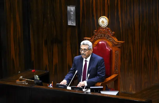 Sri Lanka's President Gotabaya Rajapaksa speaks at the national Parliament session in Colombo on August 20, 2020. - Sri Lanka's new parliament opened its first session on August 20 with a murderer and an accused killer among its ranks after a sweeping election victory by the ruling Rajapaksa brothers. (Photo by ISHARA S. KODIKARA / AFP) (Photo by ISHARA S. KODIKARA/AFP via Getty Images)