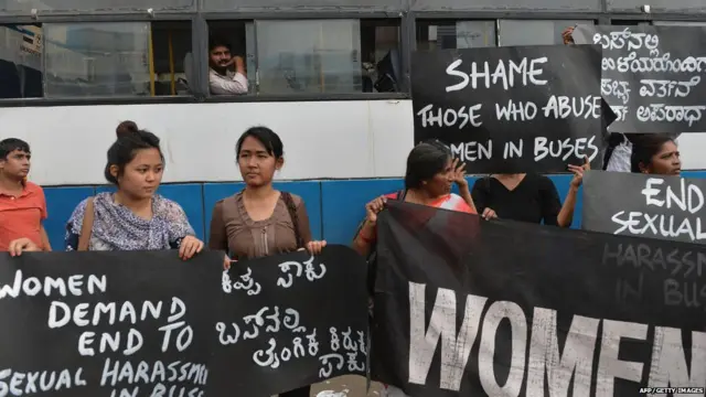against the sexual harassment of women passengers, at a Bangalore Metropolitan Transport Corporation (BMTC) bus stand in Bangalore on October 7, 2013.