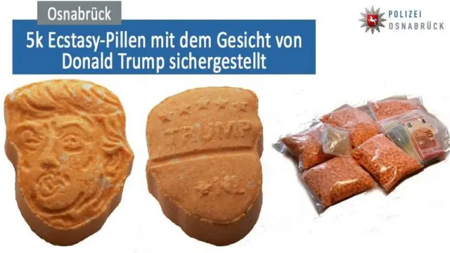 Bulan Agustus 2017, ribuan pil ekstasi berbentuk mirip wajah Donald Trump ini disita polisi di kota Osnabrück, Jerman.