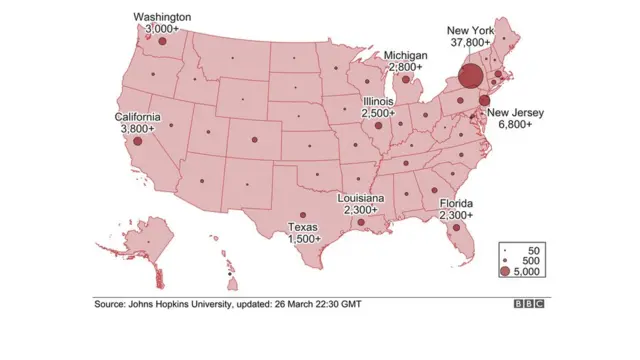 Nombre de cas par Etats aux Etats-unis